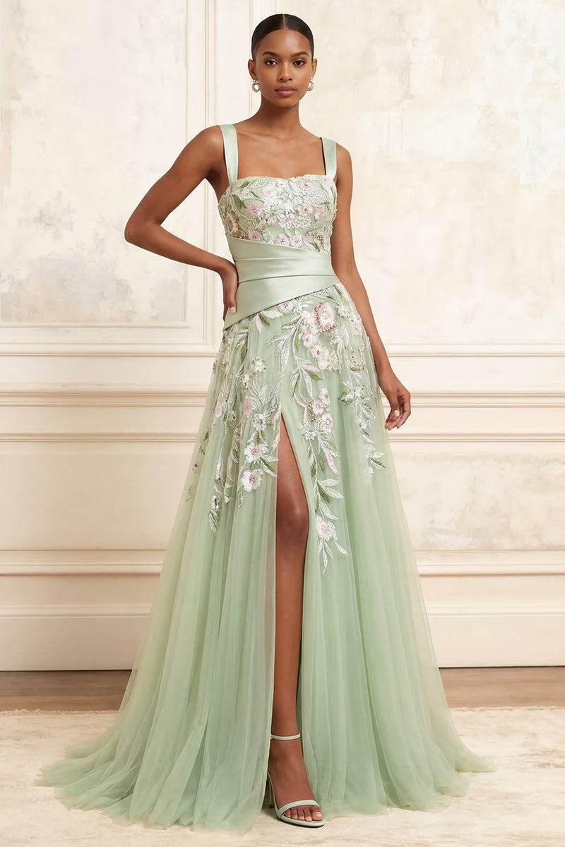 Laden Sie das Bild in den Galerie-Viewer, A-Linie quadratischer Ausschnitt mit staubigem Salbei-Tüll-Blumen besticktes langes Abschlussball-Kleid mit Schlitz