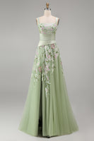 Laden Sie das Bild in den Galerie-Viewer, A-Linie quadratischer Ausschnitt mit staubigem Salbei-Tüll-Blumen besticktes langes Abschlussball-Kleid mit Schlitz