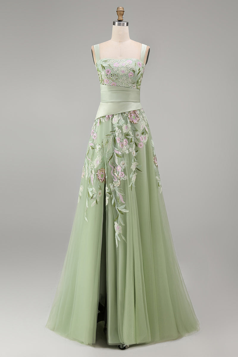 Laden Sie das Bild in den Galerie-Viewer, A-Linie quadratischer Ausschnitt mit staubigem Salbei-Tüll-Blumen besticktes langes Abschlussball-Kleid mit Schlitz