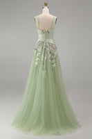 Laden Sie das Bild in den Galerie-Viewer, A-Linie quadratischer Ausschnitt mit staubigem Salbei-Tüll-Blumen besticktes langes Abschlussball-Kleid mit Schlitz