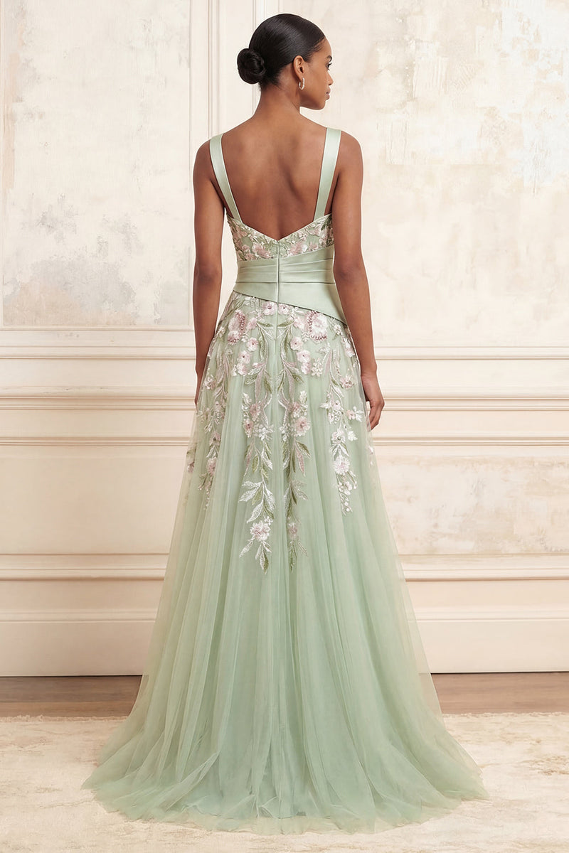 Laden Sie das Bild in den Galerie-Viewer, A-Linie quadratischer Ausschnitt mit staubigem Salbei-Tüll-Blumen besticktes langes Abschlussball-Kleid mit Schlitz