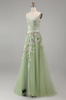 Laden Sie das Bild in den Galerie-Viewer, A-Linie quadratischer Ausschnitt mit staubigem Salbei-Tüll-Blumen besticktes langes Abschlussball-Kleid mit Schlitz