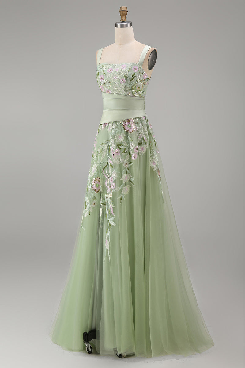 Laden Sie das Bild in den Galerie-Viewer, A-Linie quadratischer Ausschnitt mit staubigem Salbei-Tüll-Blumen besticktes langes Abschlussball-Kleid mit Schlitz