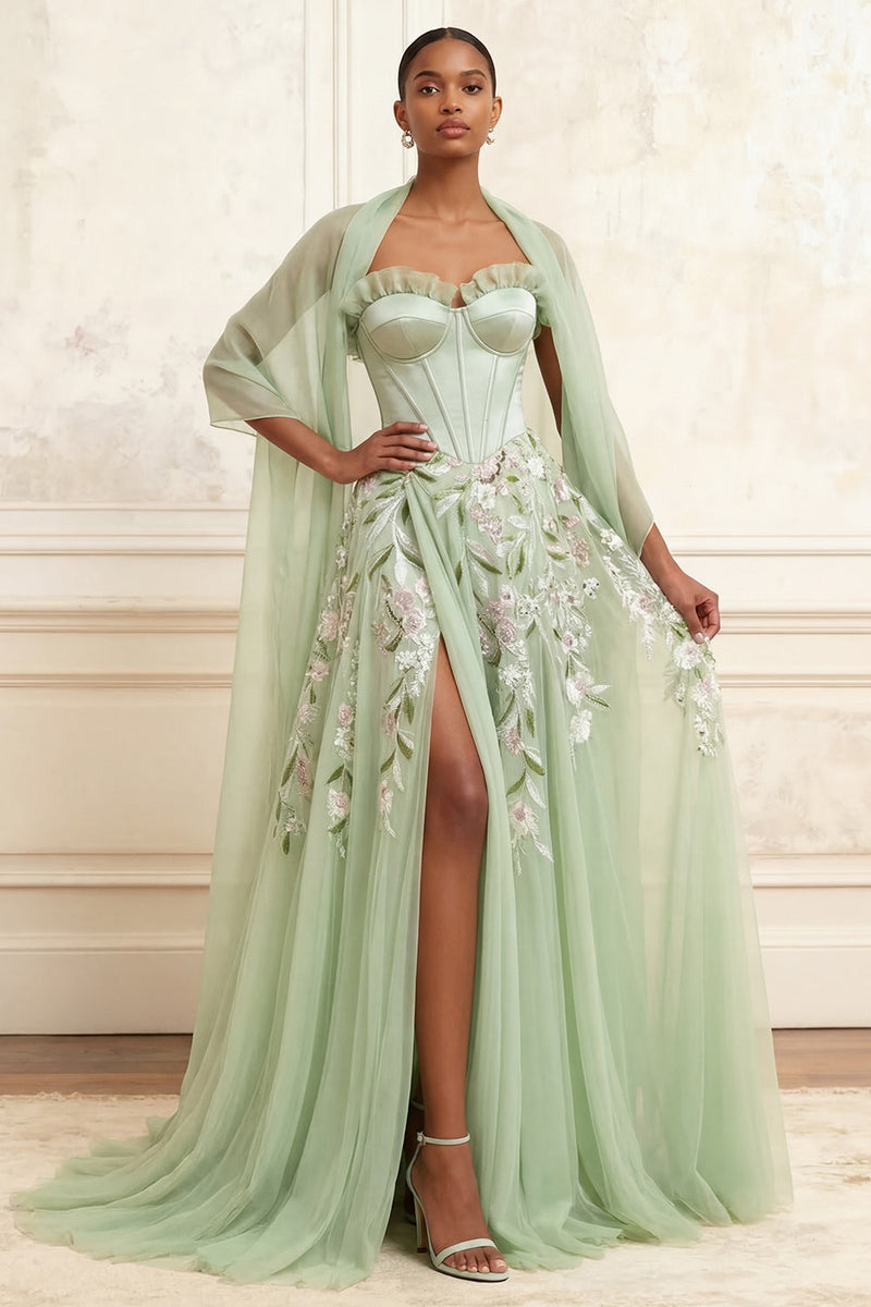 Laden Sie das Bild in den Galerie-Viewer, Trägerloses Staubiges Sage A-Linie Pailletten Tüll Besticktes Langes Abschlussballkleid mit Schlitz