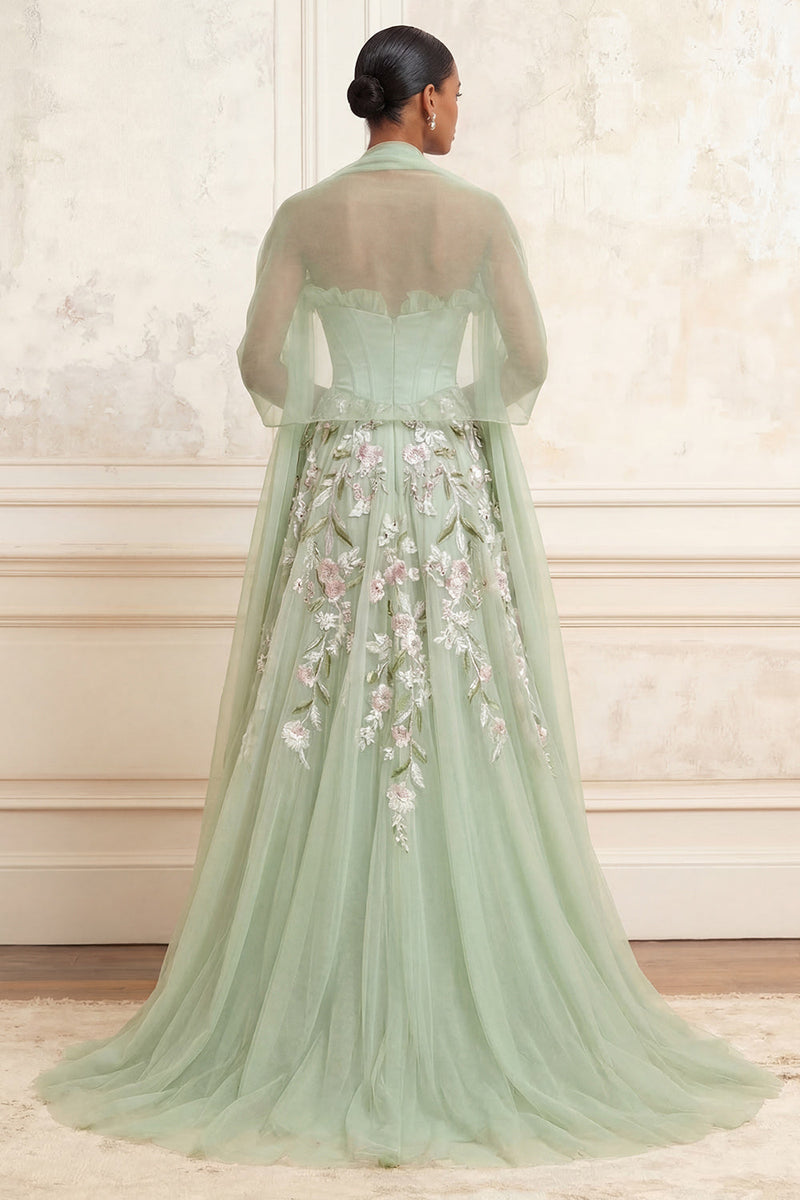Laden Sie das Bild in den Galerie-Viewer, Trägerloses Staubiges Sage A-Linie Pailletten Tüll Besticktes Langes Abschlussballkleid mit Schlitz