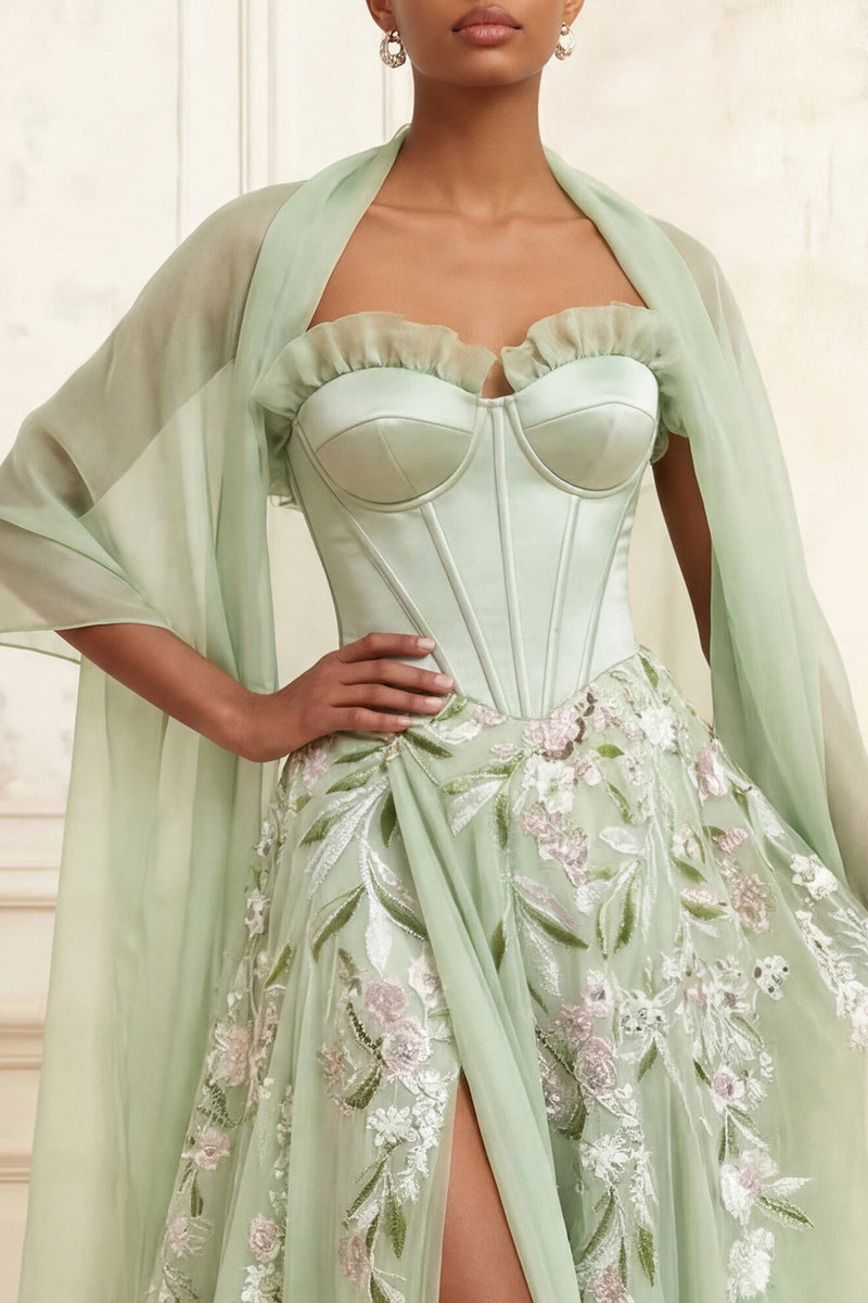 Laden Sie das Bild in den Galerie-Viewer, Trägerloses Staubiges Sage A-Linie Pailletten Tüll Besticktes Langes Abschlussballkleid mit Schlitz