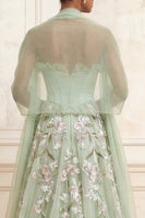 Laden Sie das Bild in den Galerie-Viewer, Trägerloses Staubiges Sage A-Linie Pailletten Tüll Besticktes Langes Abschlussballkleid mit Schlitz