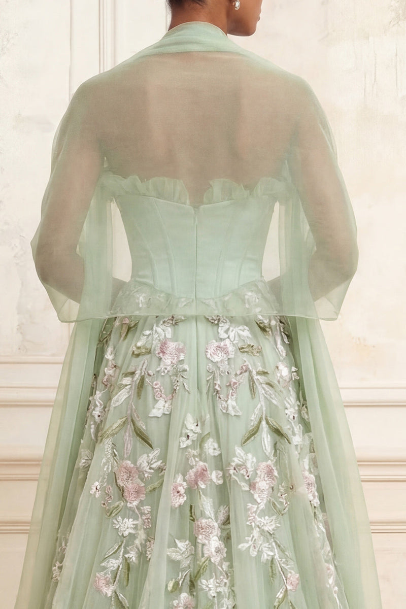 Laden Sie das Bild in den Galerie-Viewer, Trägerloses Staubiges Sage A-Linie Pailletten Tüll Besticktes Langes Abschlussballkleid mit Schlitz