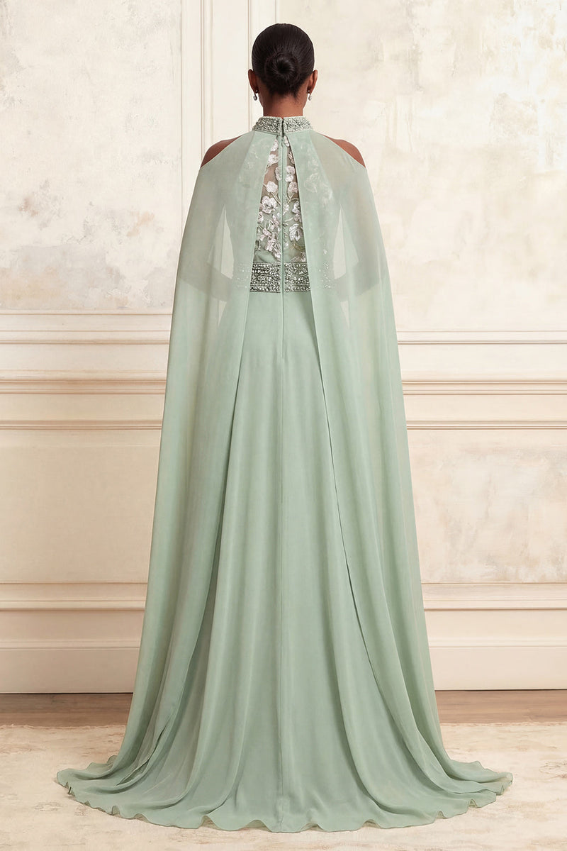 Laden Sie das Bild in den Galerie-Viewer, A-Linie Neckholderhals staubiges Salbei-Tüll-Stickkleid mit Perlen und langem Abschlussball mit Umhang