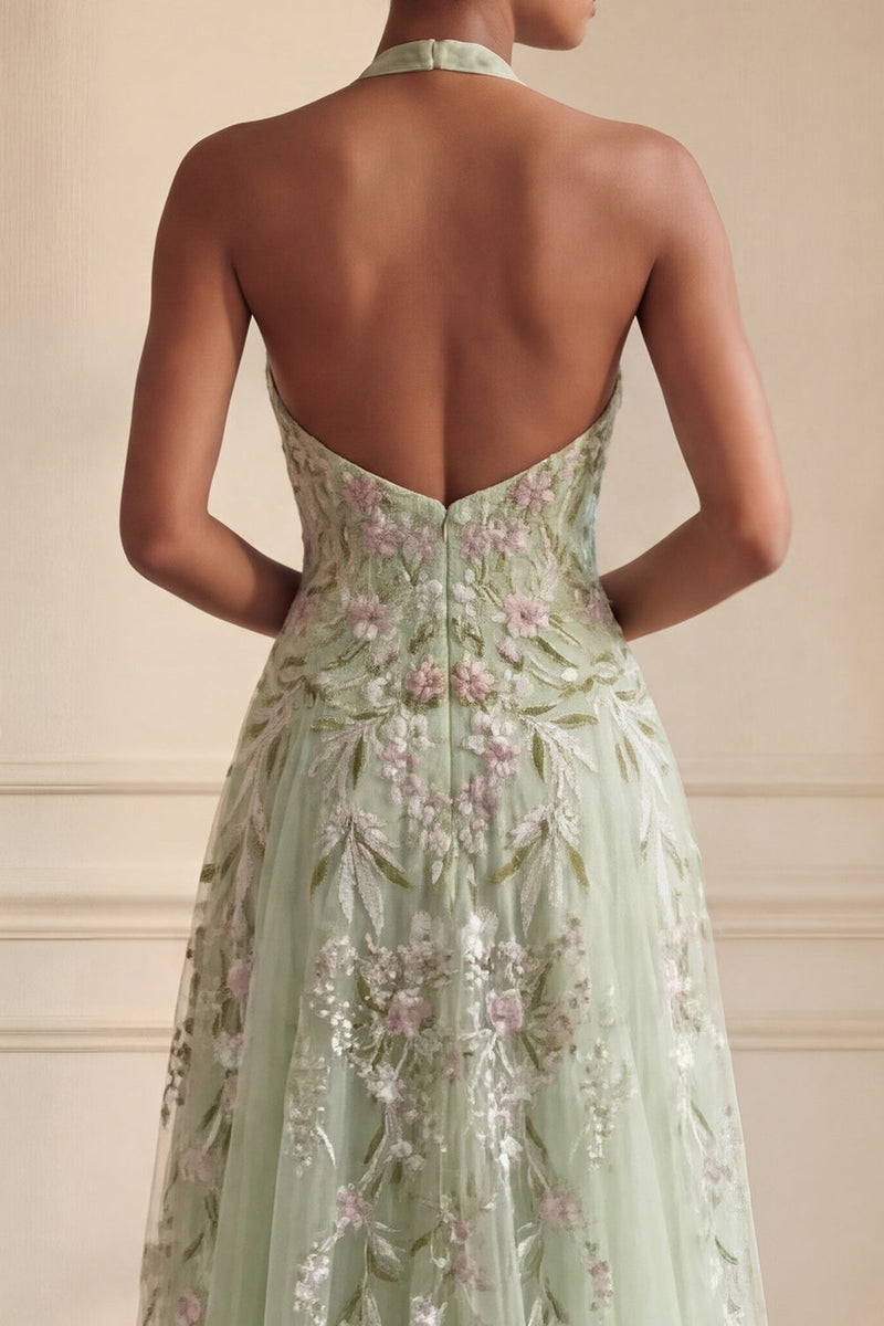 Laden Sie das Bild in den Galerie-Viewer, Staubiges Salbei Neckholder Pailletten A-Linien besticktes Tüll Langes Ballkleid mit Schlitz