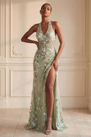 Laden Sie das Bild in den Galerie-Viewer, Halter Dusty Sage Sheer Korsett Scheide besticktes langes Abschlussballkleid mit Schlitz