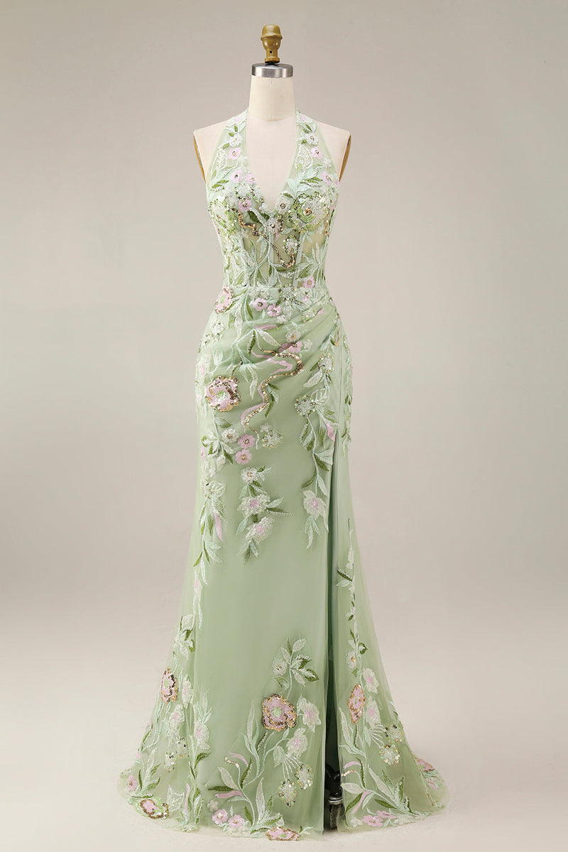 Laden Sie das Bild in den Galerie-Viewer, ZAPAKA Damen Staubiges Salbei Langes Ballkleid mit Schlitz Halter Transparentes Korsett Scheide Besticktes Abendkleid