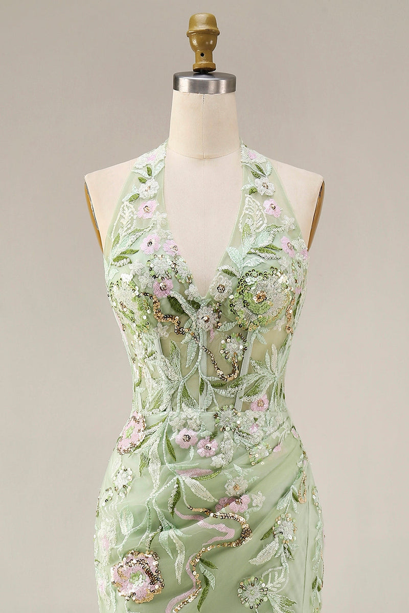 Laden Sie das Bild in den Galerie-Viewer, Staubiges Salbei Neckholder Transparente Korsett Scheide Besticktes Langes Abschlussballkleid mit Schlitz