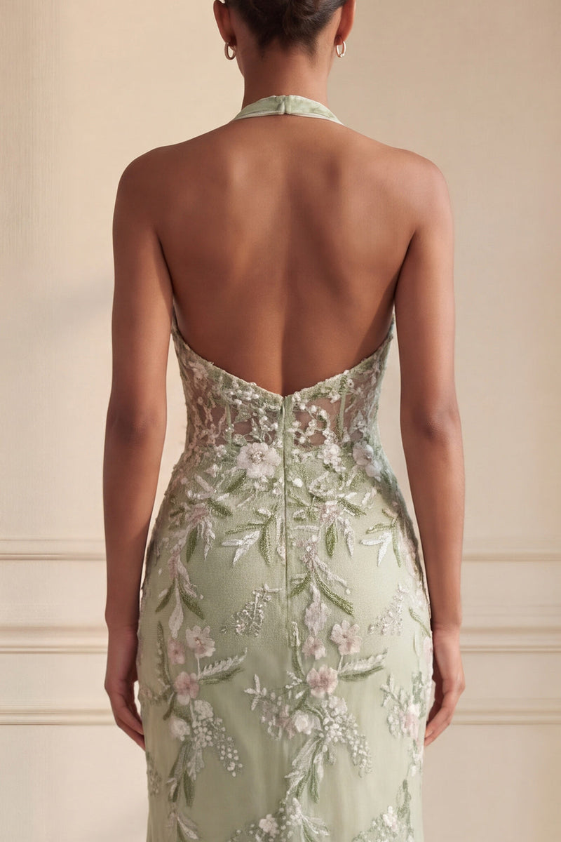 Laden Sie das Bild in den Galerie-Viewer, Halter Dusty Sage Sheer Korsett Scheide besticktes langes Abschlussballkleid mit Schlitz