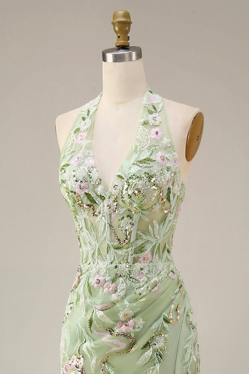 Laden Sie das Bild in den Galerie-Viewer, Staubiges Salbei Neckholder Transparente Korsett Scheide Besticktes Langes Abschlussballkleid mit Schlitz