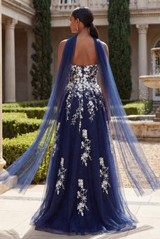 Glitzerblau A-Linie Sweetheart Seitenschlitz langes Tüll-Abschlusskleid mit Halsschal