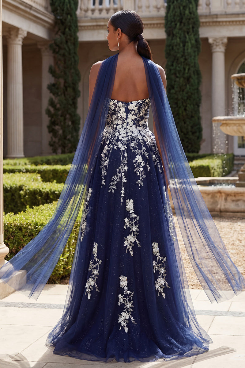 Laden Sie das Bild in den Galerie-Viewer, Glitzerblau A-Linie Sweetheart Seitenschlitz langes Tüll-Abschlusskleid mit Halsschal