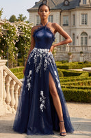 Laden Sie das Bild in den Galerie-Viewer, Halter Navy A-Linie offenes Blumen-Langballkleid mit Schlitz