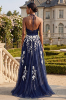 Laden Sie das Bild in den Galerie-Viewer, Halter Navy A-Linie offenes Blumen-Langballkleid mit Schlitz
