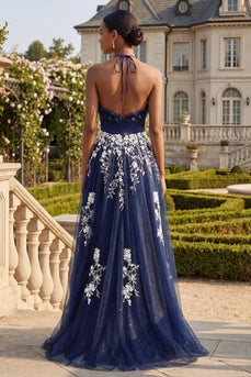 Halter Navy A-Linie offenes Blumen-Langballkleid mit Schlitz