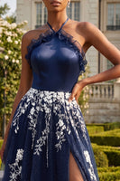 Laden Sie das Bild in den Galerie-Viewer, Halter Navy A-Linie offenes Blumen-Langballkleid mit Schlitz