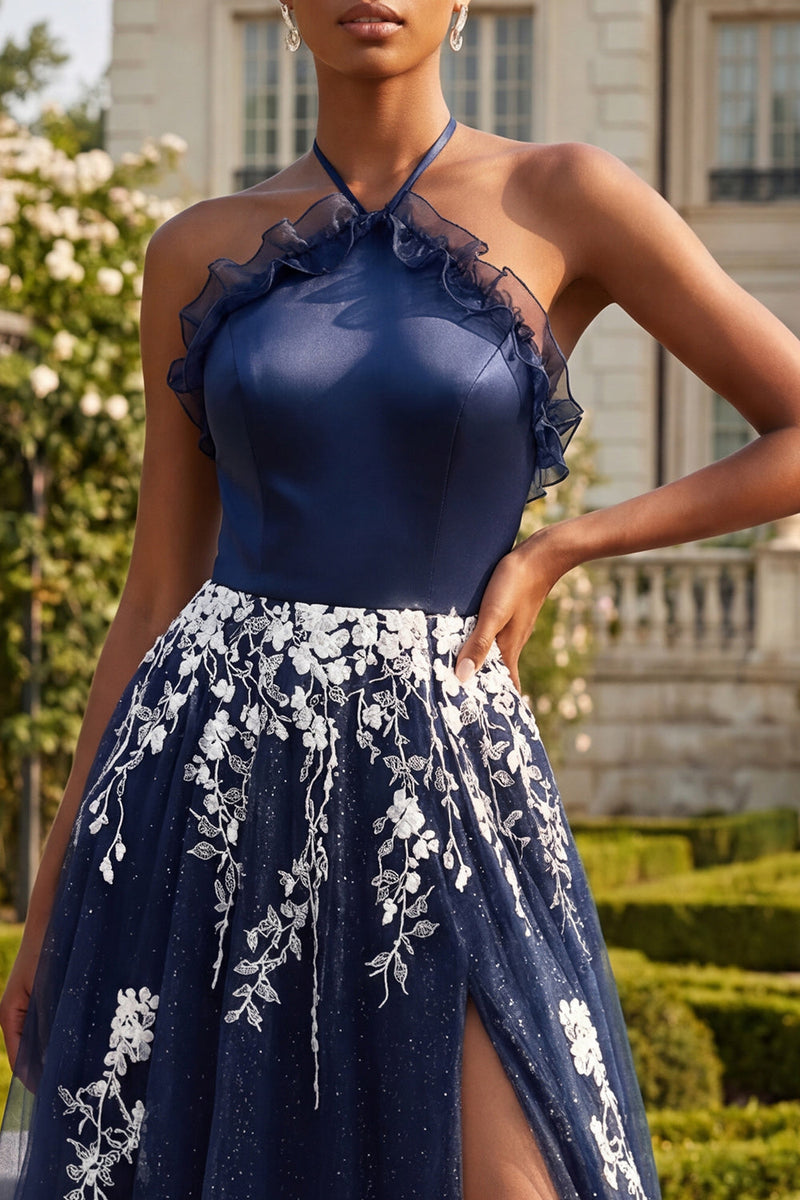 Laden Sie das Bild in den Galerie-Viewer, Halter Navy A-Linie offenes Blumen-Langballkleid mit Schlitz