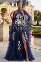 Laden Sie das Bild in den Galerie-Viewer, Glitzernder Marineblauer Halter A Line seitlicher Schlitz langes Abschlussballkleid mit Wickel