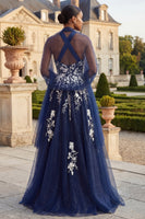 Laden Sie das Bild in den Galerie-Viewer, Glitzernder Marineblauer Halter A Line seitlicher Schlitz langes Abschlussballkleid mit Wickel