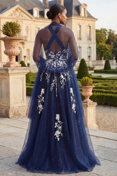 Glitzernder Marineblauer Halter A Line seitlicher Schlitz langes Abschlussballkleid mit Wickel