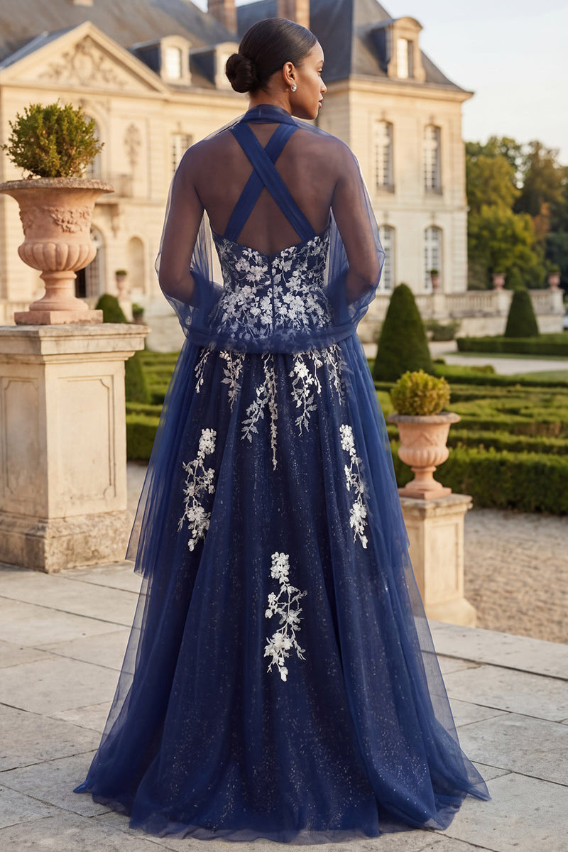 Laden Sie das Bild in den Galerie-Viewer, Glitzernder Marineblauer Halter A Line seitlicher Schlitz langes Abschlussballkleid mit Wickel