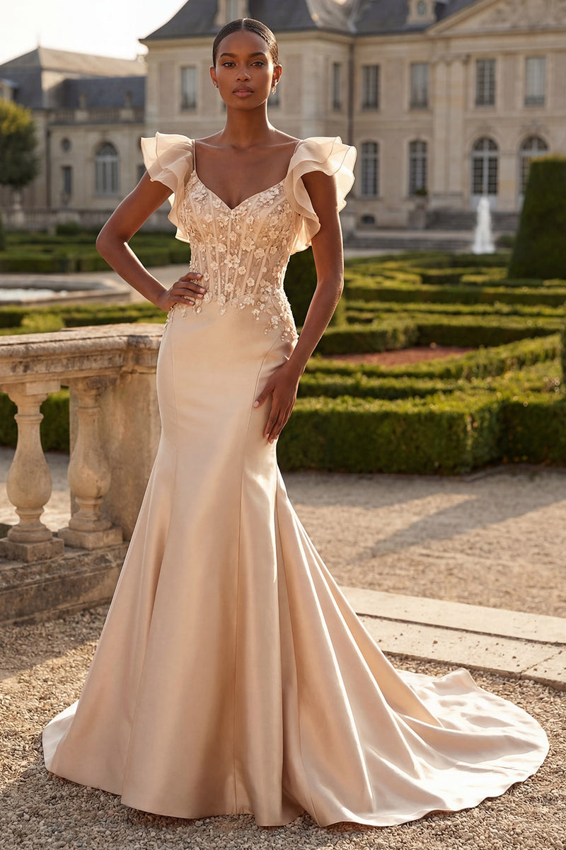 Laden Sie das Bild in den Galerie-Viewer, Blush-Meerjungfrauen-Korsett, Satin-V-Ausschnitt Langballkleid mit 3D-Blumen