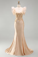 Laden Sie das Bild in den Galerie-Viewer, Blush Meerjungfrauen Korsett Satin V-Ausschnitt Langes Ballkleid mit 3D-Blumen