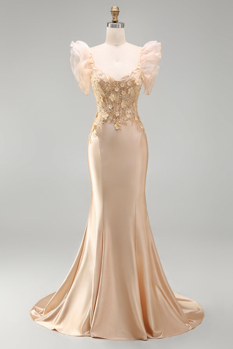 Laden Sie das Bild in den Galerie-Viewer, Blush Meerjungfrauen Korsett Satin V-Ausschnitt Langes Ballkleid mit 3D-Blumen