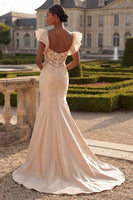 Laden Sie das Bild in den Galerie-Viewer, Blush-Meerjungfrauen-Korsett, Satin-V-Ausschnitt Langballkleid mit 3D-Blumen