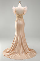 Laden Sie das Bild in den Galerie-Viewer, Blush Meerjungfrauen Korsett Satin V-Ausschnitt Langes Ballkleid mit 3D-Blumen