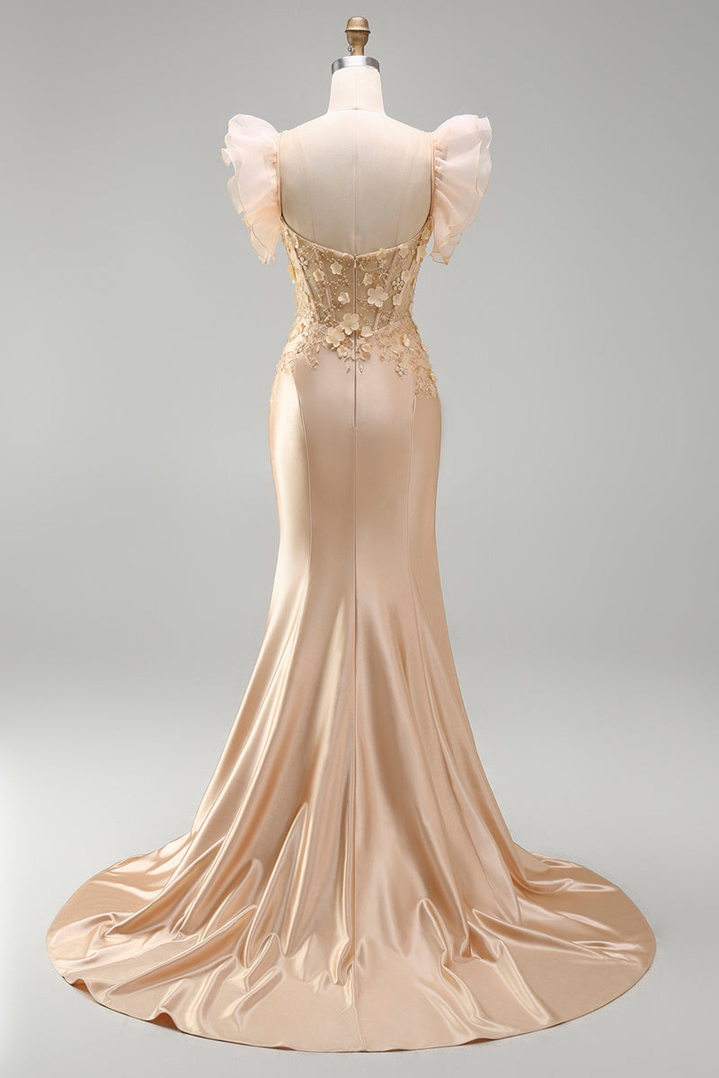 Laden Sie das Bild in den Galerie-Viewer, Blush Meerjungfrauen Korsett Satin V-Ausschnitt Langes Ballkleid mit 3D-Blumen