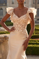 Laden Sie das Bild in den Galerie-Viewer, Blush-Meerjungfrauen-Korsett, Satin-V-Ausschnitt Langballkleid mit 3D-Blumen