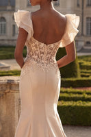 Laden Sie das Bild in den Galerie-Viewer, Blush-Meerjungfrauen-Korsett, Satin-V-Ausschnitt Langballkleid mit 3D-Blumen