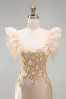 Laden Sie das Bild in den Galerie-Viewer, Blush Meerjungfrauen Korsett Satin V-Ausschnitt Langes Ballkleid mit 3D-Blumen