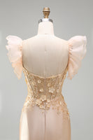 Laden Sie das Bild in den Galerie-Viewer, Blush Meerjungfrauen Korsett Satin V-Ausschnitt Langes Ballkleid mit 3D-Blumen