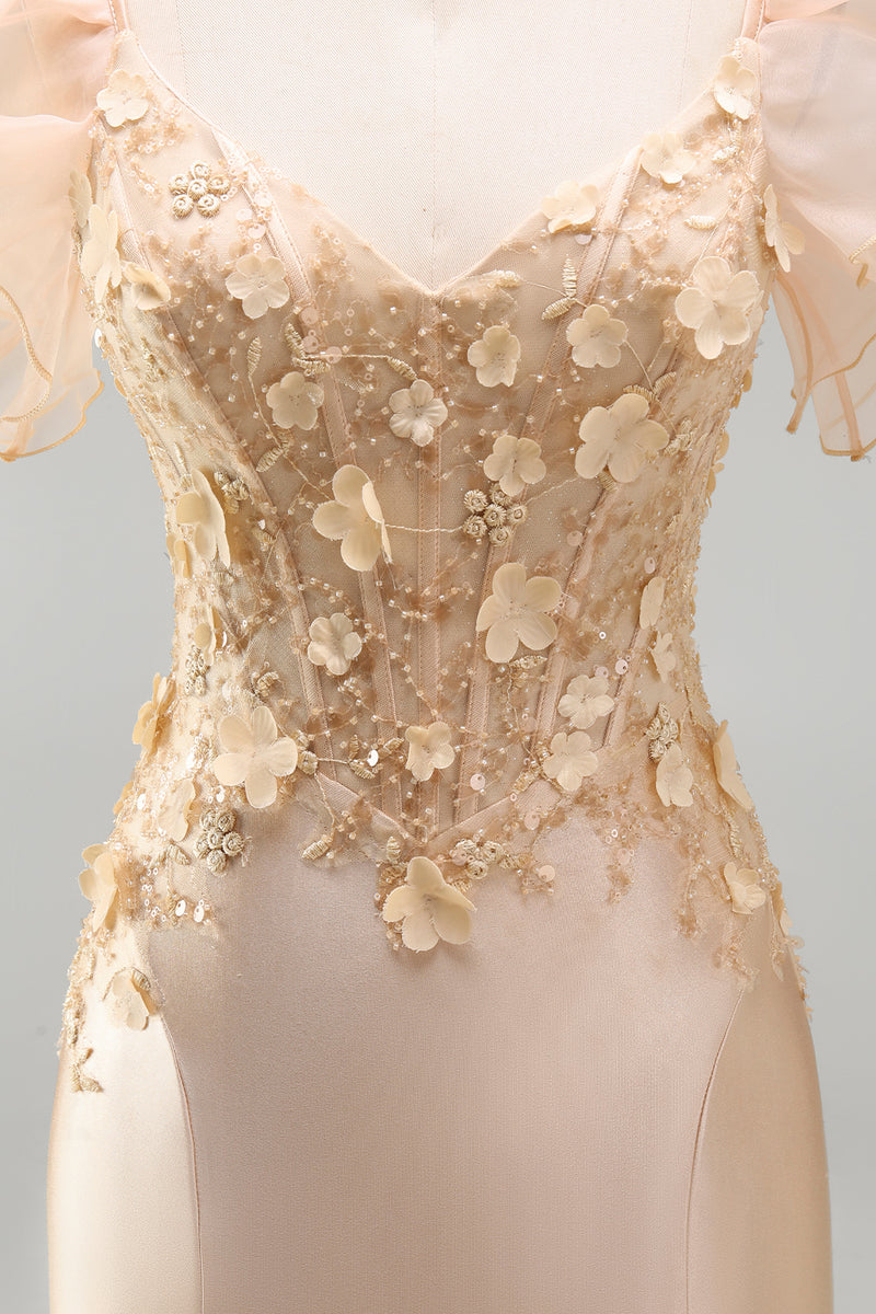 Laden Sie das Bild in den Galerie-Viewer, Blush Meerjungfrauen Korsett Satin V-Ausschnitt Langes Ballkleid mit 3D-Blumen
