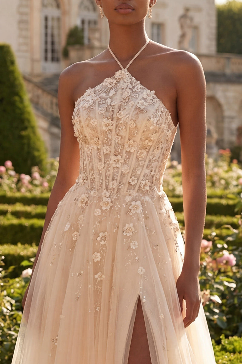 Laden Sie das Bild in den Galerie-Viewer, Rouge-Neckholder-Korsett Tüll A-Linie 3D-Blumen Langball-Kleid mit Schlitz