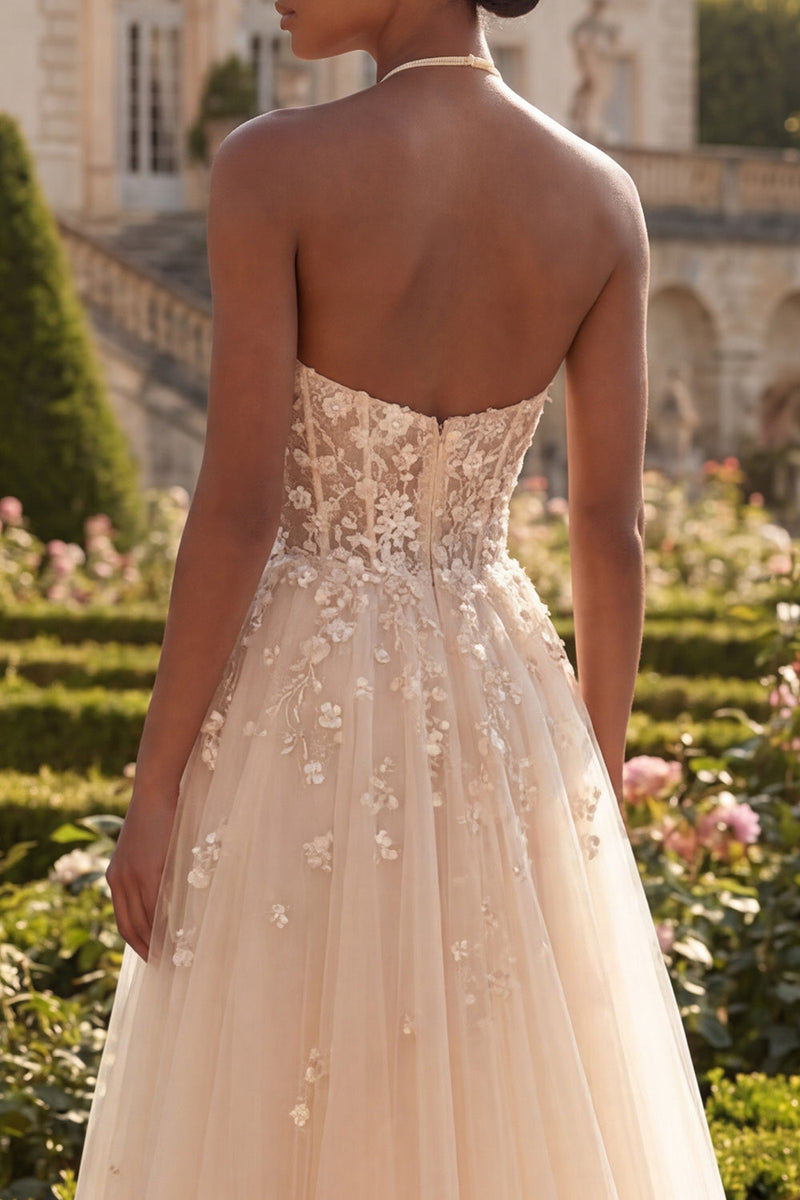 Laden Sie das Bild in den Galerie-Viewer, Rouge-Neckholder-Korsett Tüll A-Linie 3D-Blumen Langball-Kleid mit Schlitz