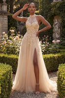 Laden Sie das Bild in den Galerie-Viewer, Halter Blush A-Linie Korsett 3D Blumen Tüll Langballkleid mit Schlitz