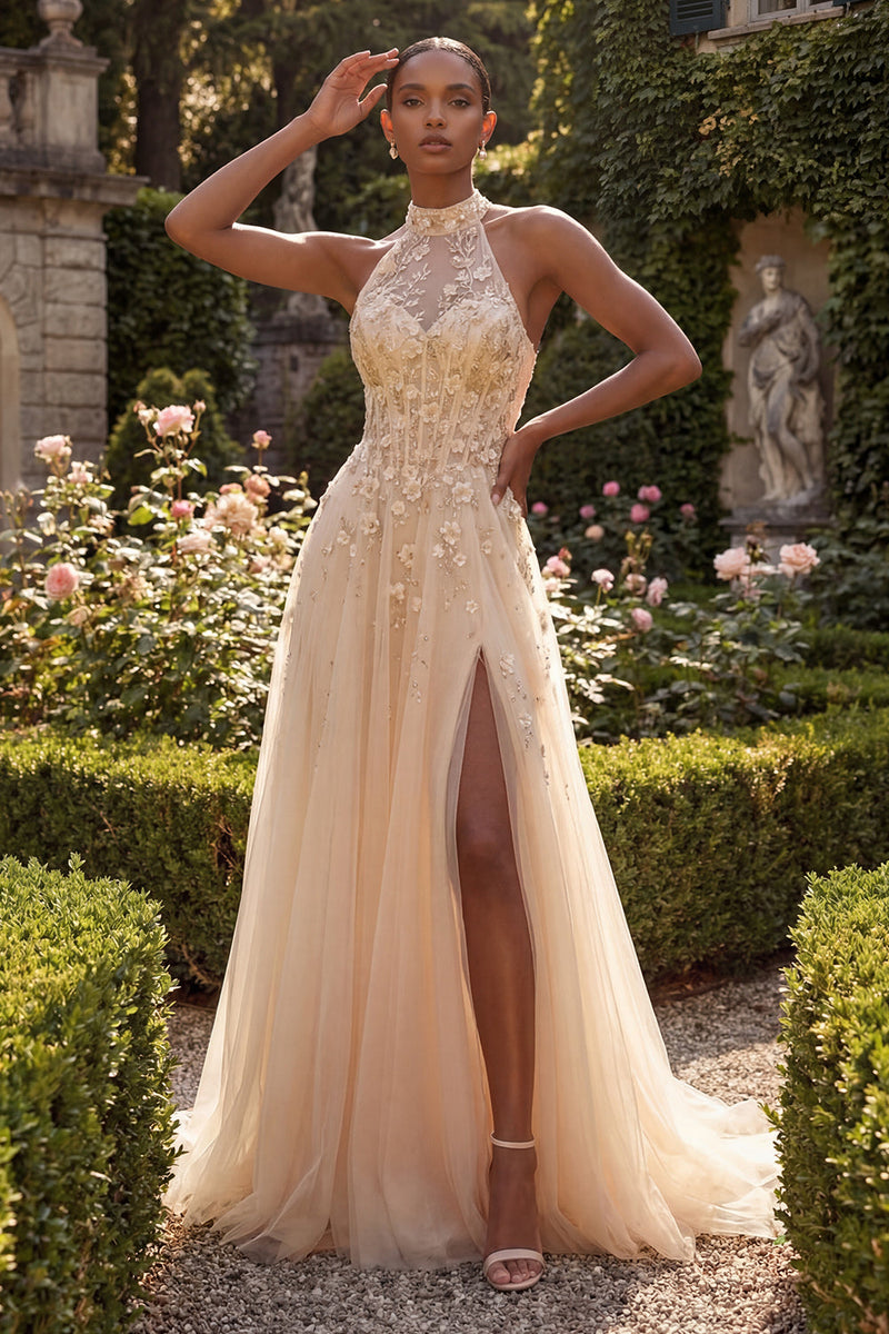 Laden Sie das Bild in den Galerie-Viewer, Halter Blush A-Linie Korsett 3D Blumen Tüll Langballkleid mit Schlitz