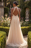 Laden Sie das Bild in den Galerie-Viewer, Halter Blush A-Linie Korsett 3D Blumen Tüll Langballkleid mit Schlitz