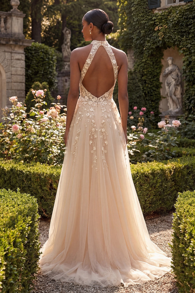 Laden Sie das Bild in den Galerie-Viewer, Halter Blush A-Linie Korsett 3D Blumen Tüll Langballkleid mit Schlitz
