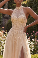 Laden Sie das Bild in den Galerie-Viewer, Halter Blush A-Linie Korsett 3D Blumen Tüll Langballkleid mit Schlitz