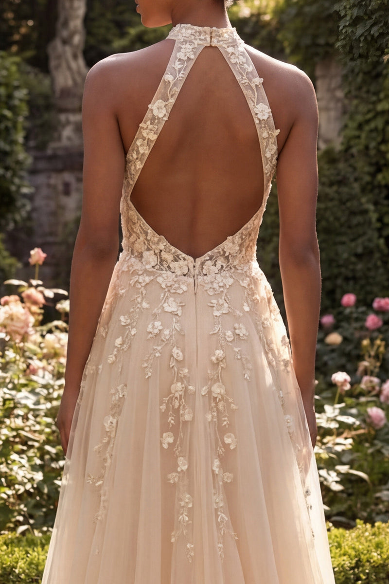 Laden Sie das Bild in den Galerie-Viewer, Halter Blush A-Linie Korsett 3D Blumen Tüll Langballkleid mit Schlitz
