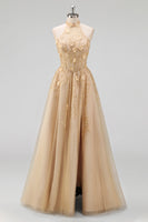 Laden Sie das Bild in den Galerie-Viewer, Halter Blush A-Linie Korsett 3D Blumen Tüll Langballkleid mit Schlitz